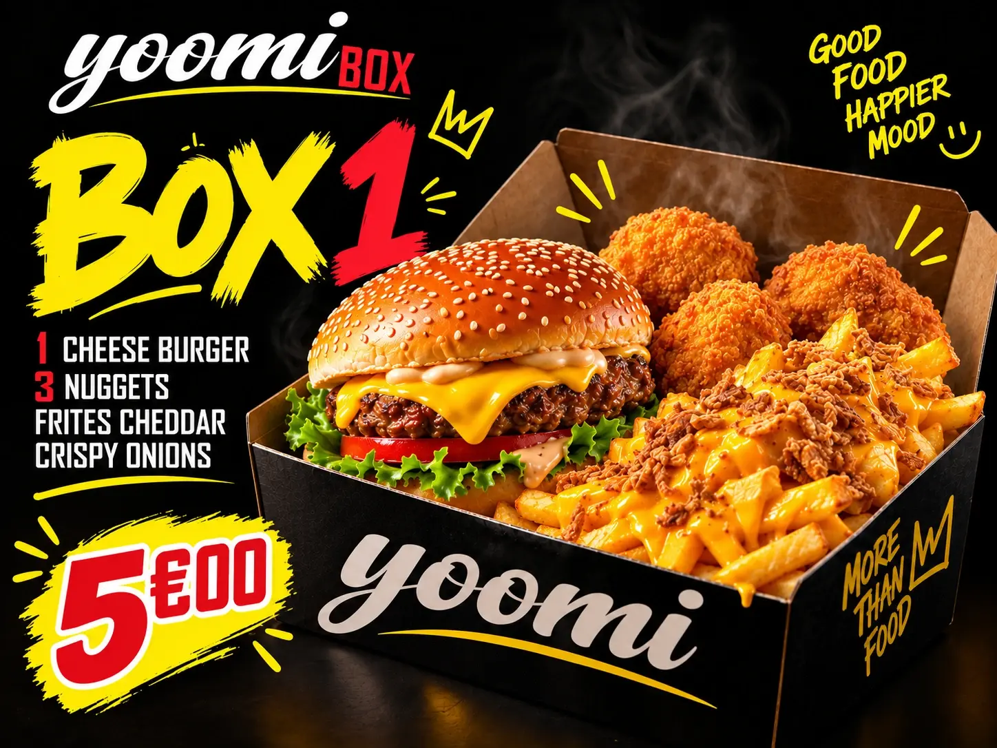 1 Cheese · 3 nuggets · Frites, cheddar, crispy onions