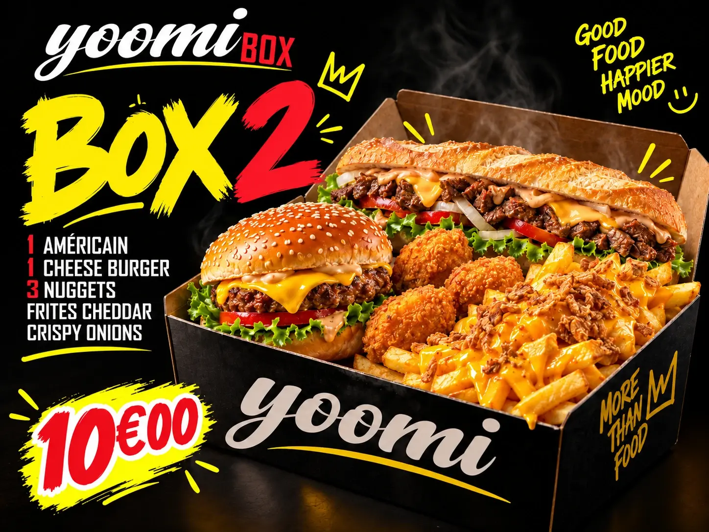 1 Américain · 1 Cheese Burger · 3 nuggets · Frites, cheddar, crispy onions